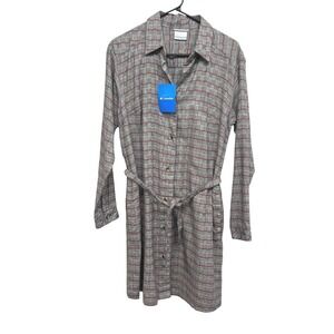 Columbia‎ Molly Hideaway Flannel Belted Shirt Dress Gray Plaid Small Long Sleeve